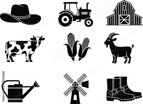 Farm and agriculture icons set, rural farming elements silhouettes isolated on white background for country lifestyle design