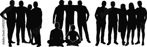 Group of people silhouettes collection, diverse men and women standing together isolated on white background for community concept