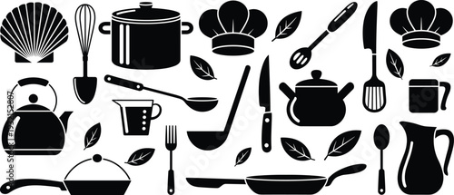 Kitchen utensils silhouettes collection, cooking tools and cookware vector set, black culinary icons illustration pack