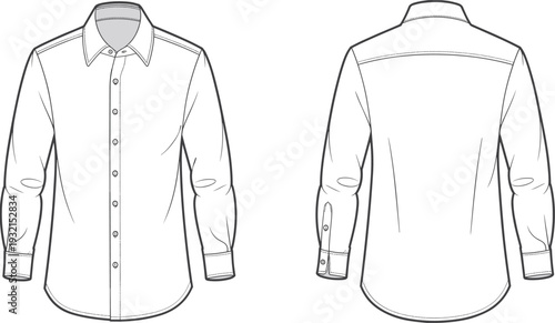 Men long sleeve shirt technical drawing, front and back view apparel template isolated on white background