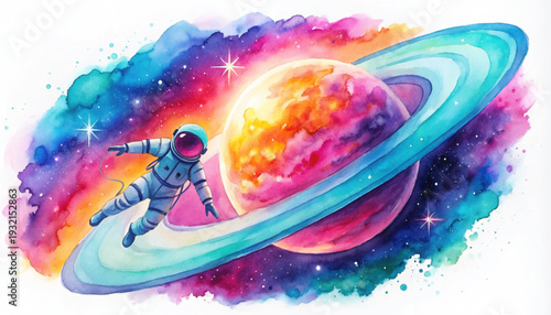 Vibrant Space Adventure Watercolor Illustration With Astronaut And Colorful Planet