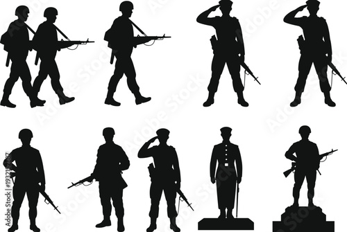 Military soldier silhouettes collection, armed forces personnel standing and saluting isolated on white background for defense concept