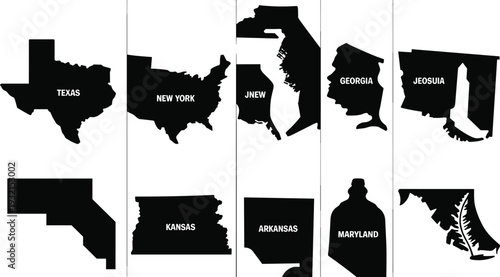 USA state map silhouettes set, black geographic outlines isolated on white background for cartography and design use