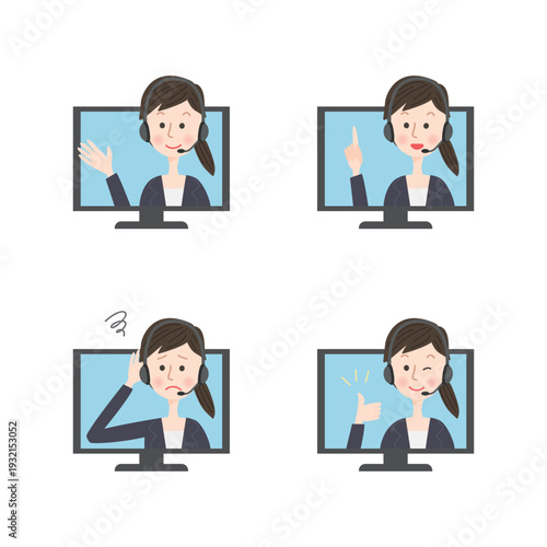 モニターに映るオペレーター女性の表情セット