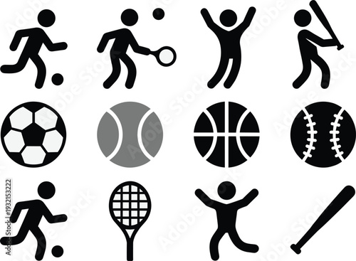 Sports icons set, soccer tennis basketball baseball graphics, athletic activities, cheering celebration, sports equipment illustration, recreation, fitness, competition design