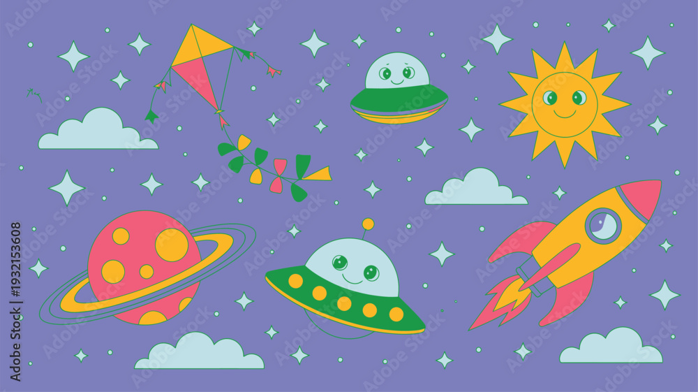 Obraz premium Planets Rockets UFOs Stars Background