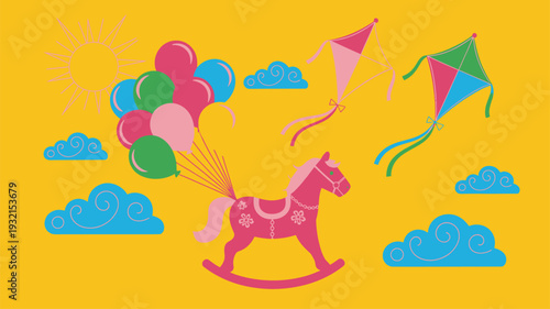Rocking horse balloons kites sky