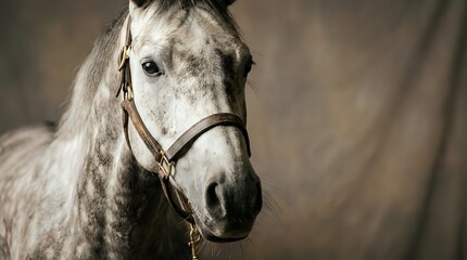 Gray horse head portrait with leather halter against blurred stable background for equestrian and animal photography projects.
