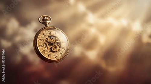 Vintage golden pocket watch with exposed mechanical gears floating against warm bokeh background for luxury timepiece and antique concepts.