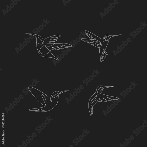 Minimalist Hummingbird Line Art Set: Four Continuous One-Line Drawings of Flying Hummingbirds on a Dark Background