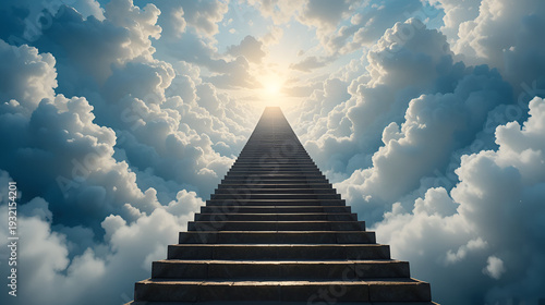 Ascending staircase through serene clouds towards heavens gates. Concept Spiritual Journey, Heavenly Ascent, Staircase to Heaven, Cloudscape Exploration
