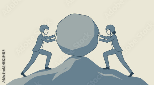Business competition and leadership rivalry concept with two professionals pushing a large boulder against each other on a mountain peak, representing corporate struggle, conflict, and challenge.