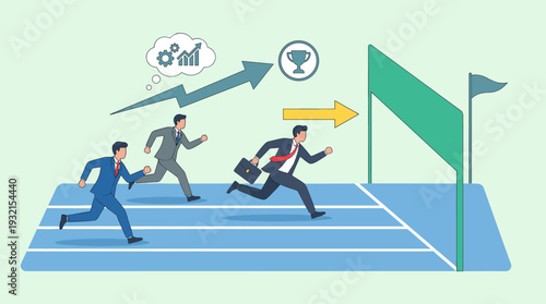 Businessmen in Suits Running on a Track Toward the Finish Line, Concept of Business Competition, Career Success, Winning Strategy, and Professional Growth, Modern Flat Vector Illustration.