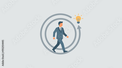 Businessman walking in a circle towards a glowing light bulb, representing business monotony, routine, and the search for motivation or a new idea. Simple flat vector illustration concept.