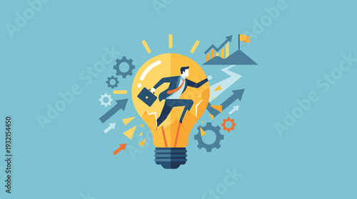Businessman breaking through a light bulb to reach a mountain peak with a flag, representing innovation, creative ideas, career success, business growth, leadership, and strategic progress.