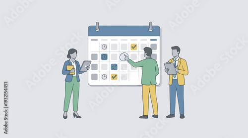 Business Team Checking Events in Large Calendar, Office Employees Planning Schedule and Agenda for Time Management, Professional People Organizing Work Tasks, Deadlines, and Appointments