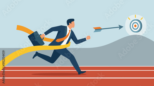 Businessman in suit sprinting on running track crossing finish line ribbon with arrow hitting bullseye target. Concept of career achievement, goal pursuit, motivation, and professional success.