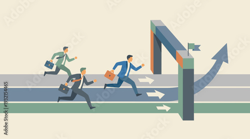 Vector illustration of businessmen in suits racing on a track towards a finish line with an upward arrow, symbolizing corporate competition, career success, winning strategy, and growth goals.