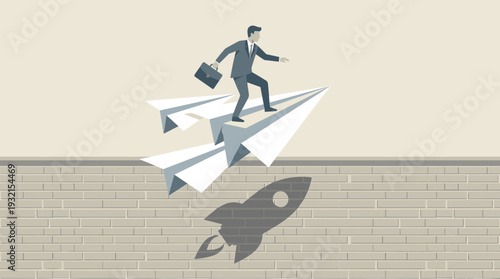 Businessman in suit with briefcase standing on paper plane flying over brick wall with rocket shadow. Concept of business startup, growth, ambition, vision, success, and career advancement.