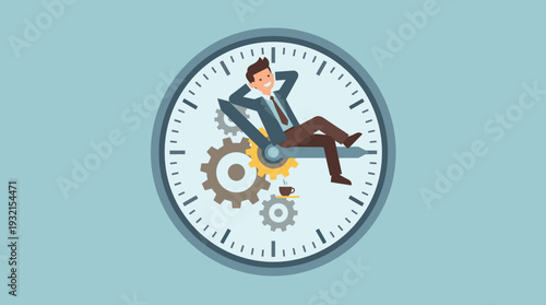 Happy businessman sitting and leaning back on clock hands to relax, representing break time, efficient time management, work-life balance, and productivity concept in flat vector style.