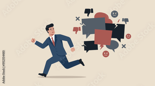 Businessman in a Suit Running Away from a Cloud of Negative Social Media Icons, Thumbs Down, and Angry Faces Representing Online Criticism, Cyberbullying, and Bad Reputation Management Crisis