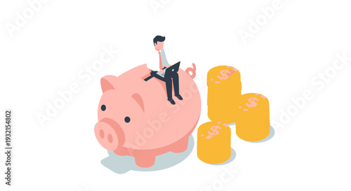 Businessman Saving Money in Piggy Bank with Gold Coins.