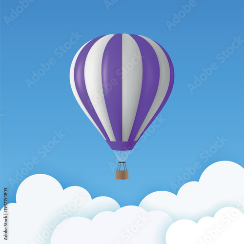 Vector Travel Banner with 3d Realistic White and Purple Hot Air Balloon Icon on a Blue Sky Background. Design Template, Summer Vacation, Travelling, Tourism and Journey Concept