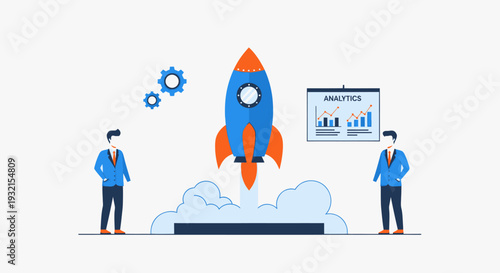 Businessmen launching a rocket with analytics for startup success.