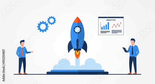 Businessmen Launching Rocket for Startup Growth and Analytics.