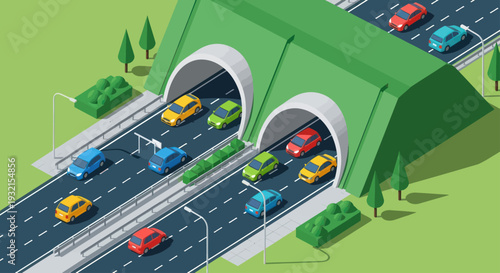Cars driving through a green tunnel on a highway.