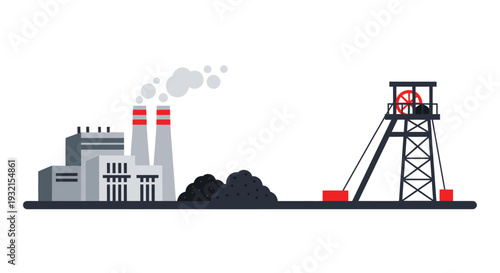 Coal Mine and Power Plant Industrial Complex Illustration.