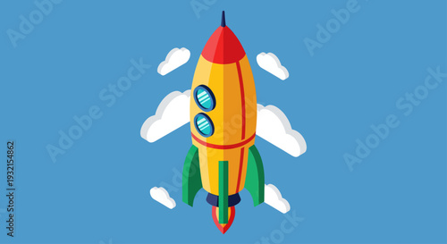 Cartoon Rocket Ship Launching into the Sky.