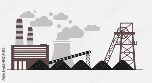 Coal Mining and Power Plant Industrial Complex Illustration.