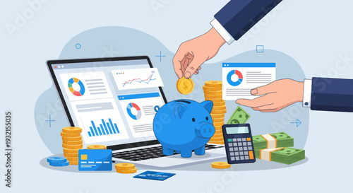 Financial Planning and Investment Growth with Piggy Bank and Laptop.