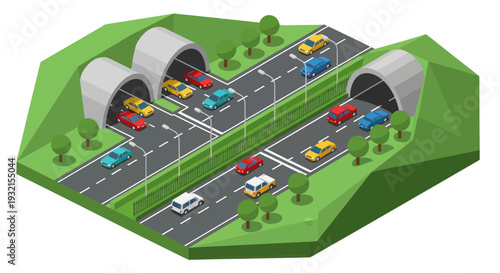 Highway Tunnels and Traffic Flow Illustration.