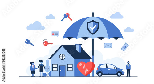 Home, car, and health insurance concept with umbrella protection.