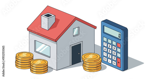 House with coins and calculator for financial planning.