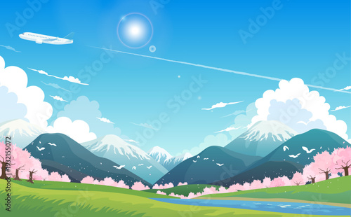 桜と春の景色と飛行機のイラスト_横