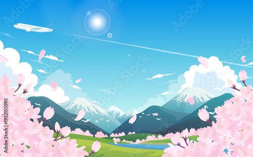 満開の桜と春の景色と飛行機のイラスト1_横