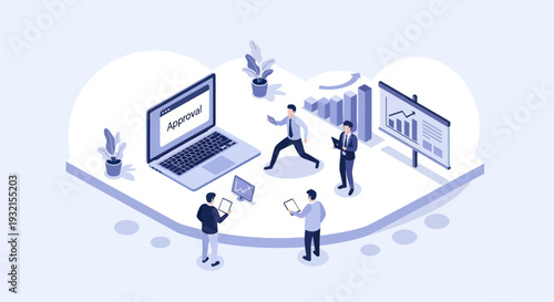 Isometric Business Meeting with Laptop and Presentation Board.