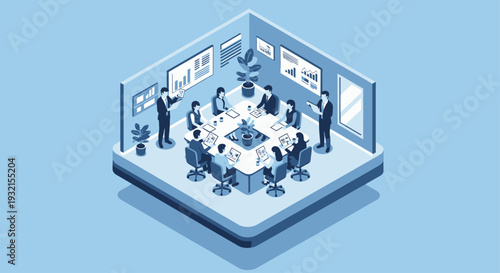 Isometric Business Meeting in Conference Room with Professionals and Charts.