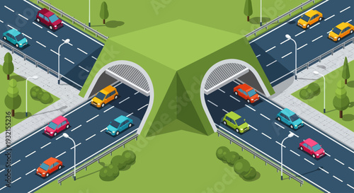 Isometric Crossroads with Tunnels and Cars.
