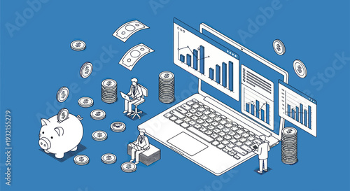 Isometric Financial Analysis with Laptop Piggy Bank and Money.