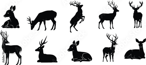 Collection of diverse deer silhouettes in various poses and angles