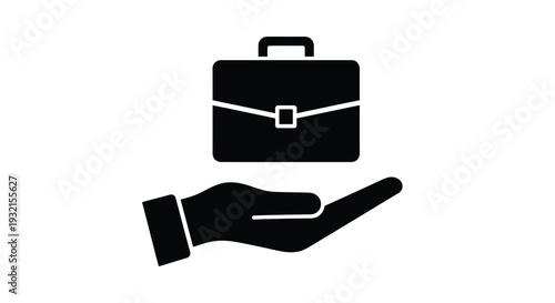 Simple black and white icon depicting a human hand carefully holding or presenting a professional briefcase for business presentation concepts