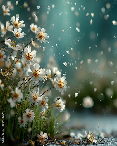 White spring flowers and petals falling in fresh green grass, soft blue sky