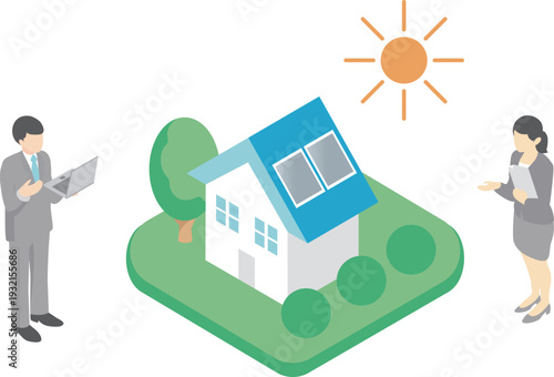 Business Staff Discussing Solar Panel House Implementation. Isometric Illustration for Solar Power, Real Estate, and ZEH