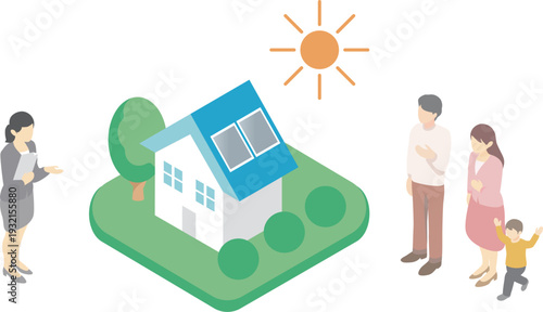 Family and Staff Discussing a House with Solar Panels. Isometric Illustration for Solar Power, ZEH, and Real Estate Sales