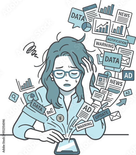 デジタル疲れや通知ストレスに悩む女性のイラスト