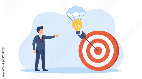 Businessman pointing at a target with a lightbulb descending by parachute. Creative business idea and success concept. Innovation, strategy, and goal achievement flat vector illustration.